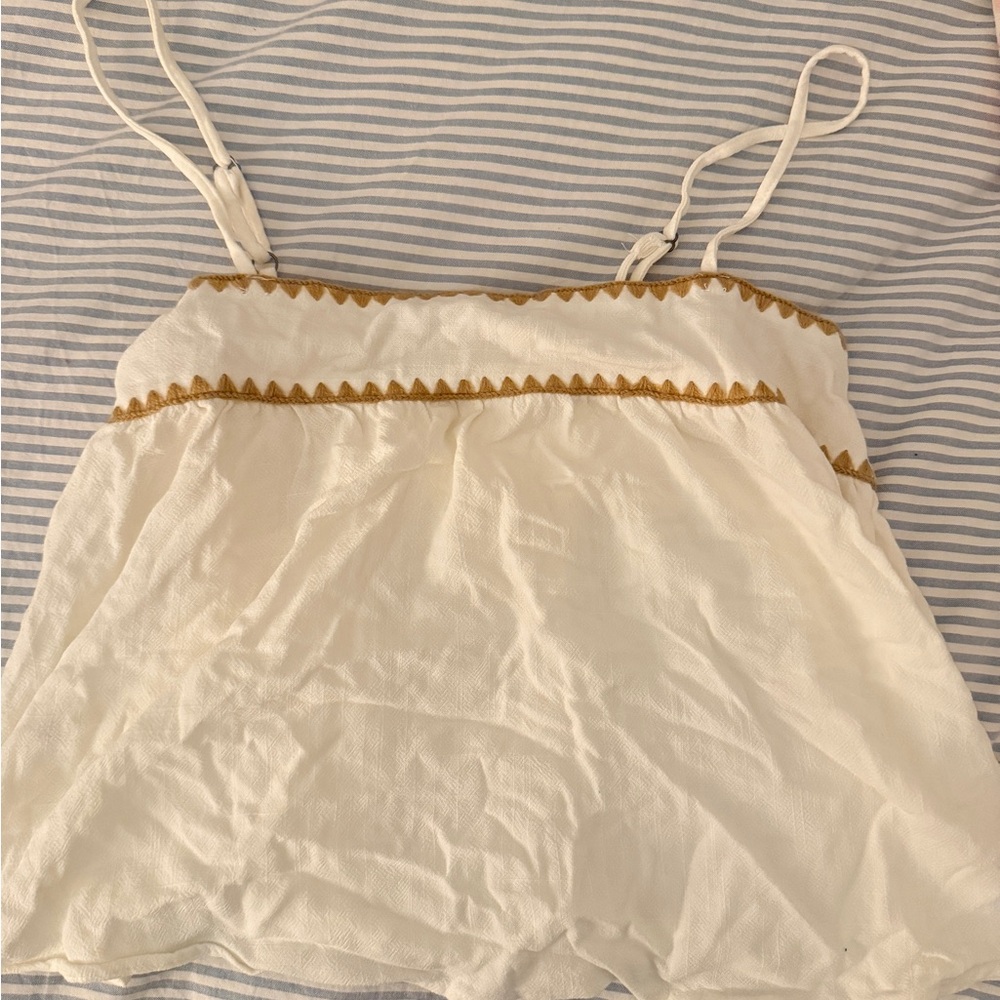 Women's White and Gold Embroidered Top